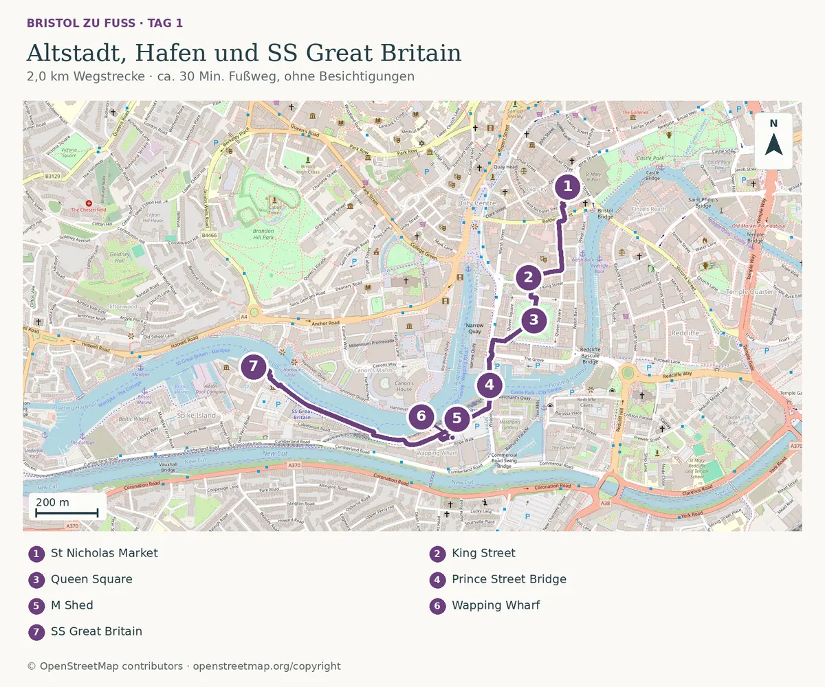 Karte von Bristol — Tag 1 · Altstadt und Hafenpromenaden