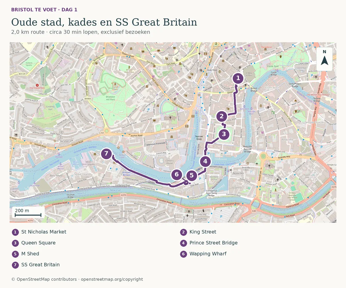 Kaart van Bristol — Dag 1 · Oude stad en kades