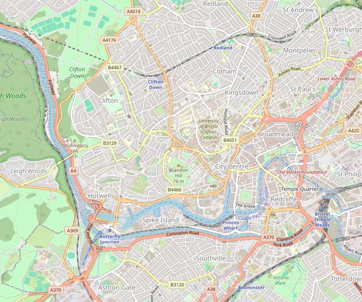 Plan OpenStreetMap du centre de Bristol, de Clifton aux quartiers créatifs